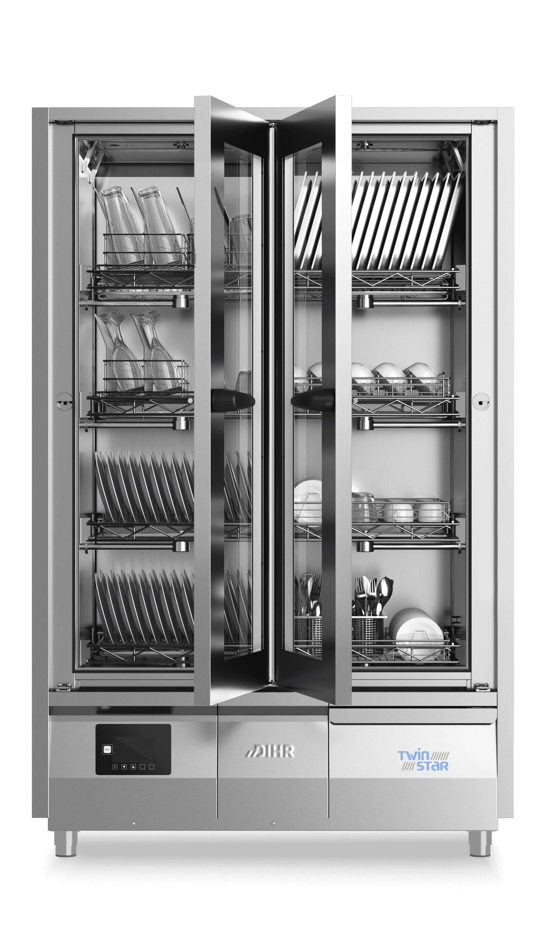 Zweitüriger Geschirrschrank mit Tellerkörben, Türen geöffnet – Spültechnik